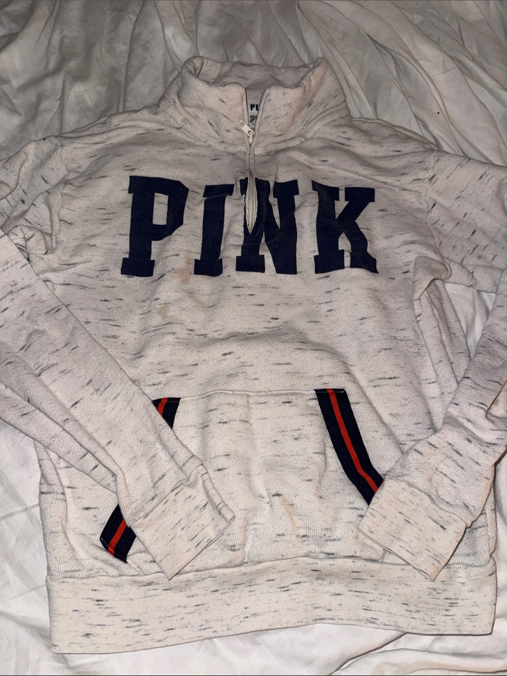 Victoria's Secret Cream Half-Zip Sweatshirt with Navy PINK Logo
